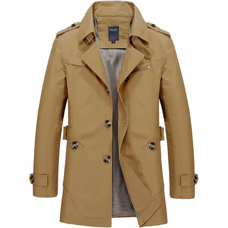 Men's mid-length windbreaker jacket in light khaki, stand collar, flap pockets, snap buttons