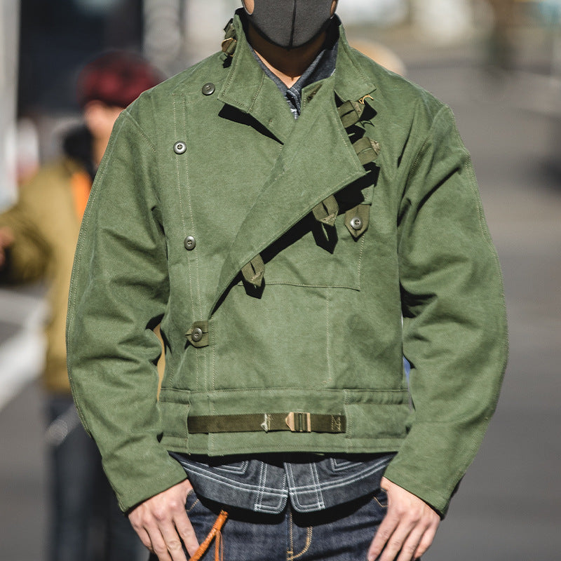 Men's Washed Green Cotton Biker-Style Jacket - product view 1