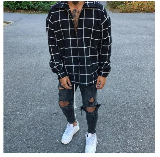 Men's loose plaid stand-collar pocket shirt