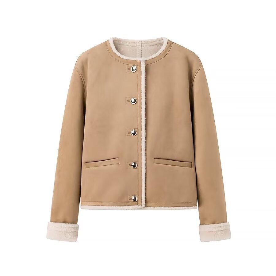 Front view of tan long-sleeve jacket with sherpa trim, snap closure, and patch pockets