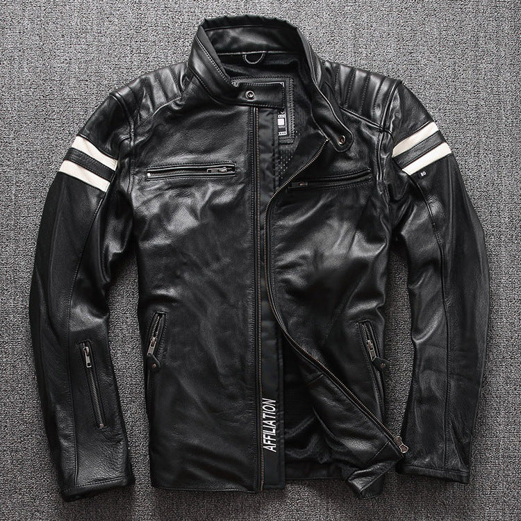 Men's genuine cowhide stand-collar moto jacket