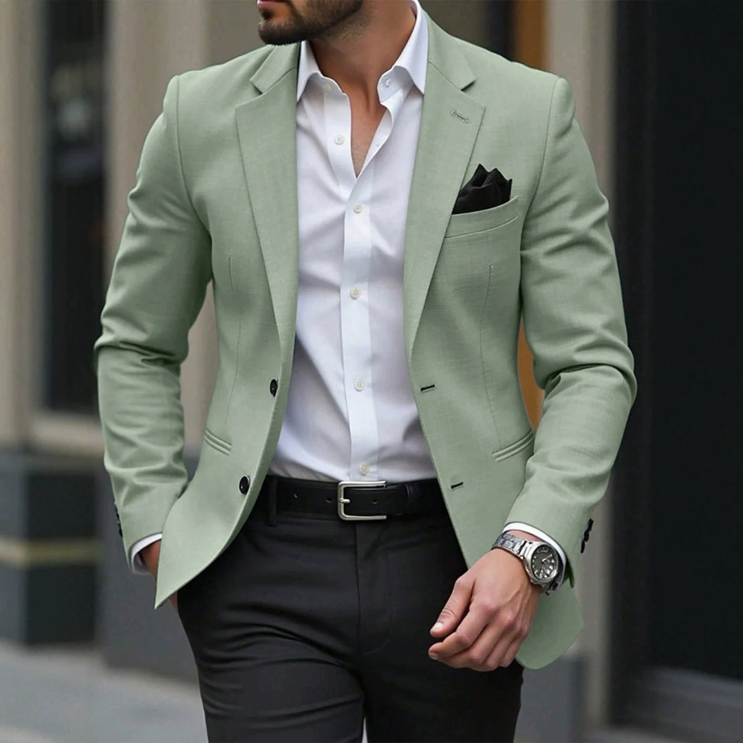 Light green men’s blazer jacket with notch lapels, front buttons, and chest pocket square