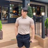 Lapel Solid Color Stretch Slim Fit Short Sleeve Fitness Suit For Men - WOMONA.COM