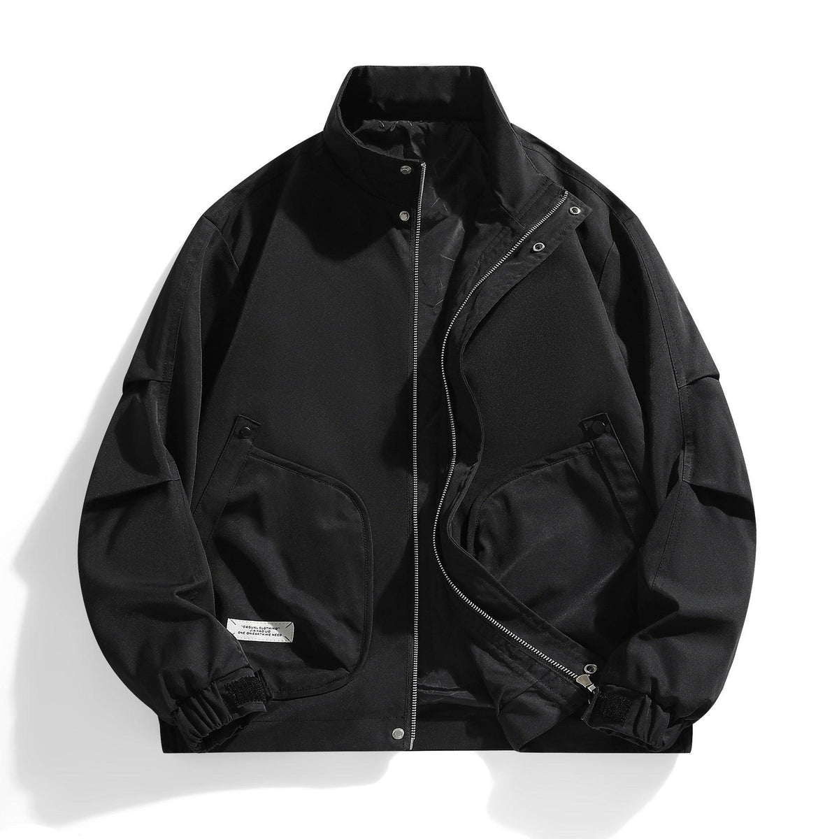 Black stand-collar zip jacket with chest pockets, flap openings, and ribbed cuffs