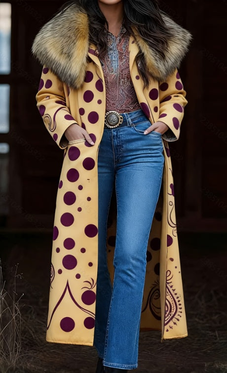 Long printed women’s coat with tan faux-fur hood trim and button front