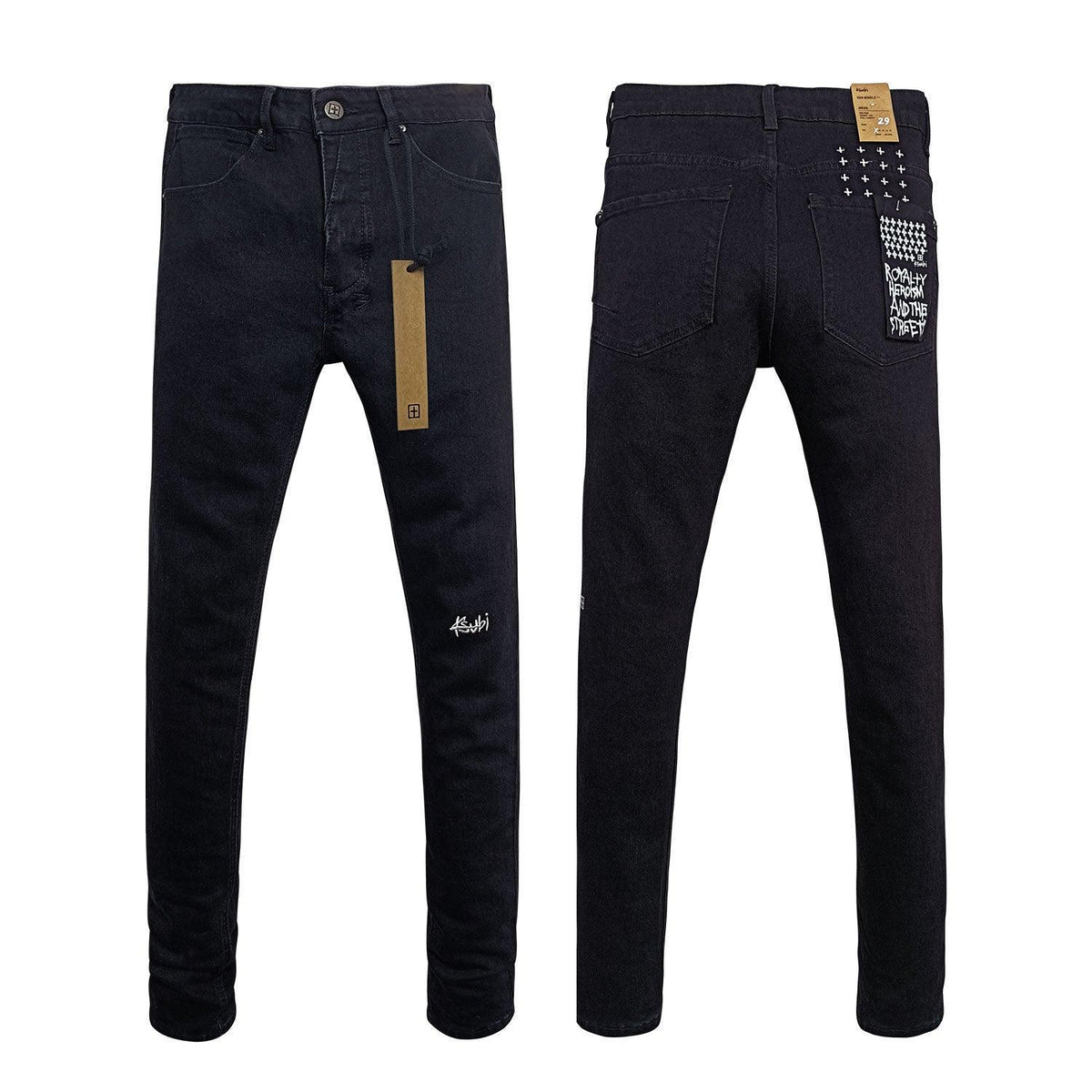 Men's dark denim straight jeans with ripped knee, stretch fit, five-pocket design