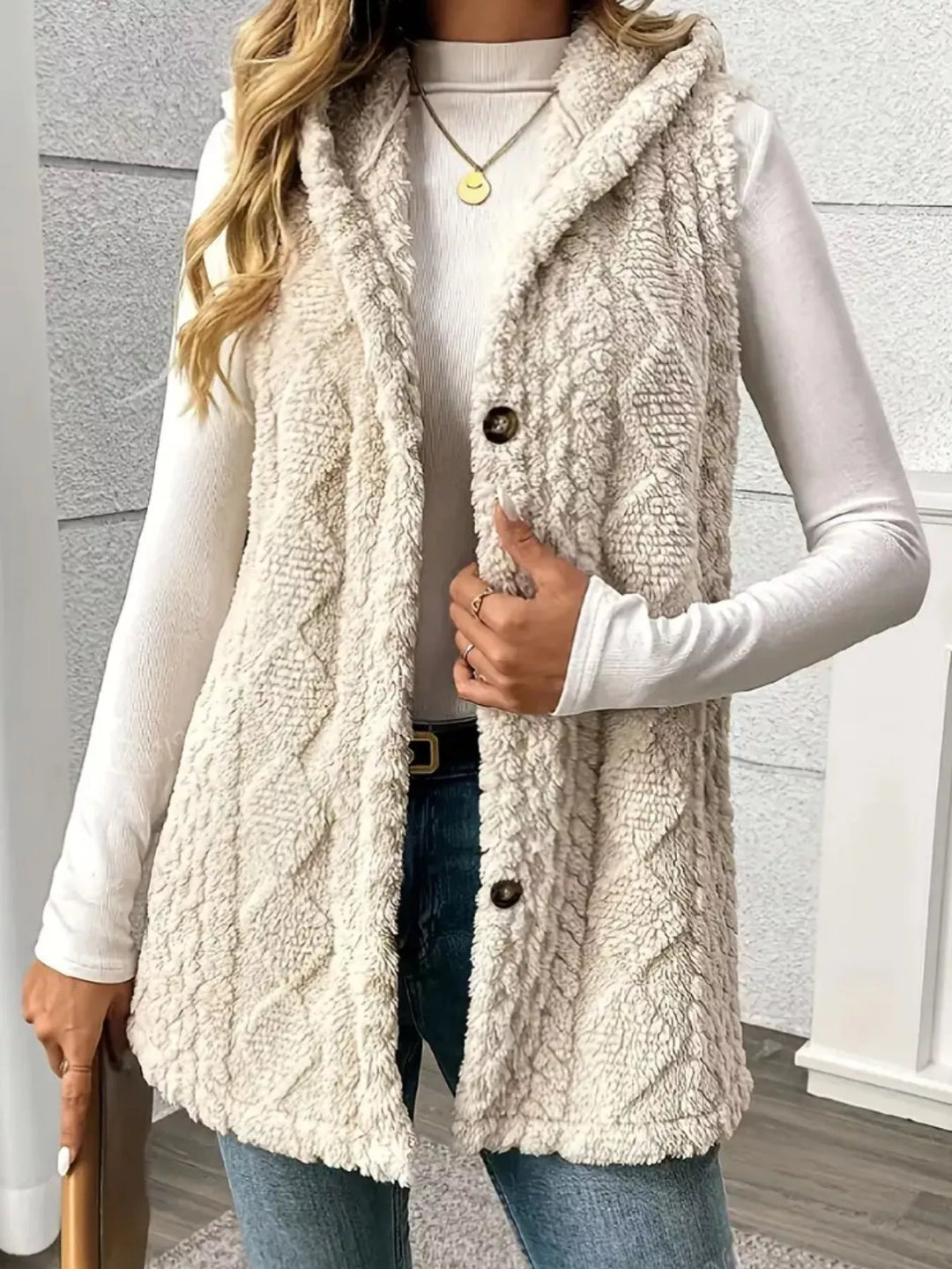 Women's Hooded Button-Up Sherpa Vest