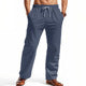 Navy blue linen beach shorts, side view, drawstring waist and straight legs