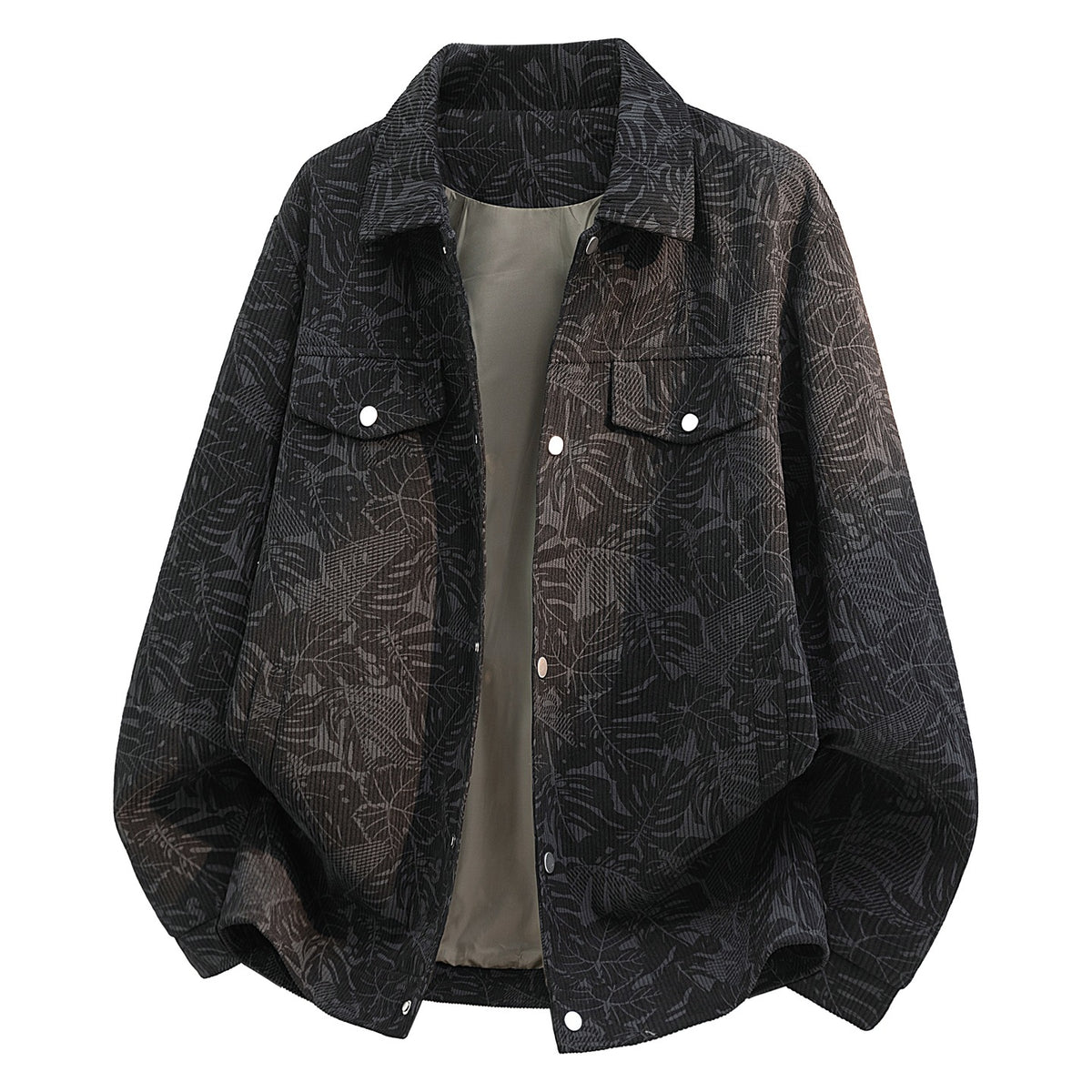Men’s stand-collar jacket in black leaf print, two button flap pockets, long sleeves