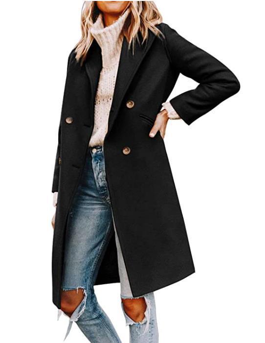 Black mid-length wool coat with notched lapels, double-breasted buttons, flap pockets