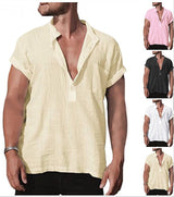 Loose Stand Neck Solid Color Pocket Short Sleeve Shirt - WOMONA.COM