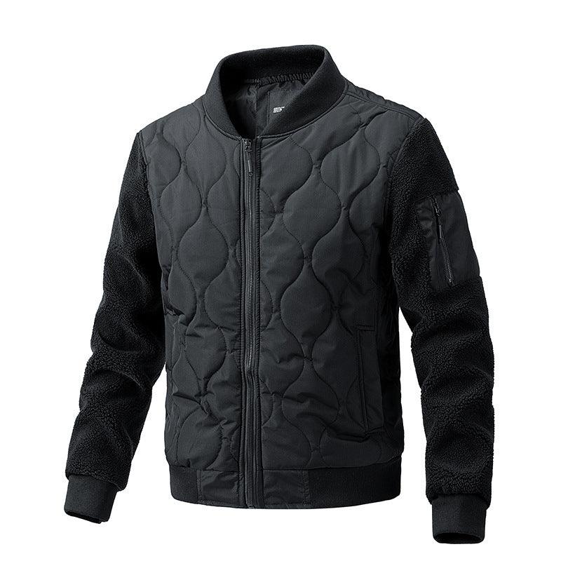 Men's black quilted wool-look full-zip jacket with ribbed collar and zip pockets