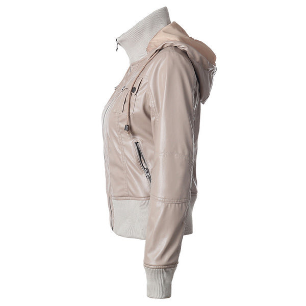 Hooded drawstring high neck zipper PU leather jacket - WOMONA.COM