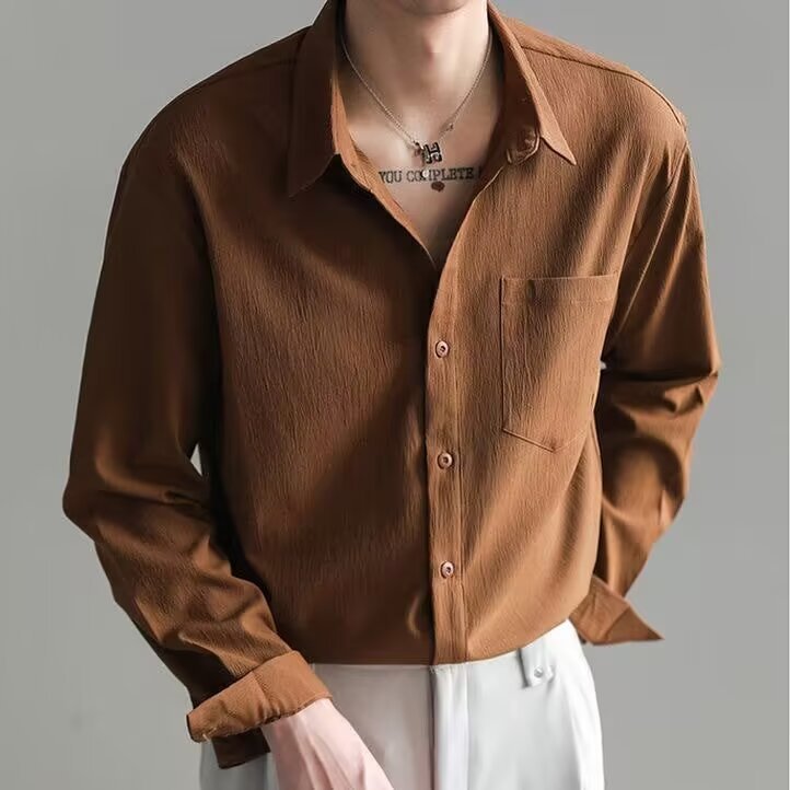 Men's long-sleeve button-up shirt, brown, single chest pocket and pointed collar