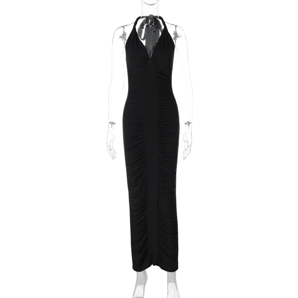 Black ruched halter V-neck maxi dress, lace-up back tie strings on mannequin