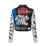 Graffiti Print Coat Short Coat Slim Leather Motorcycle Leather Jacket - WOMONA.COM