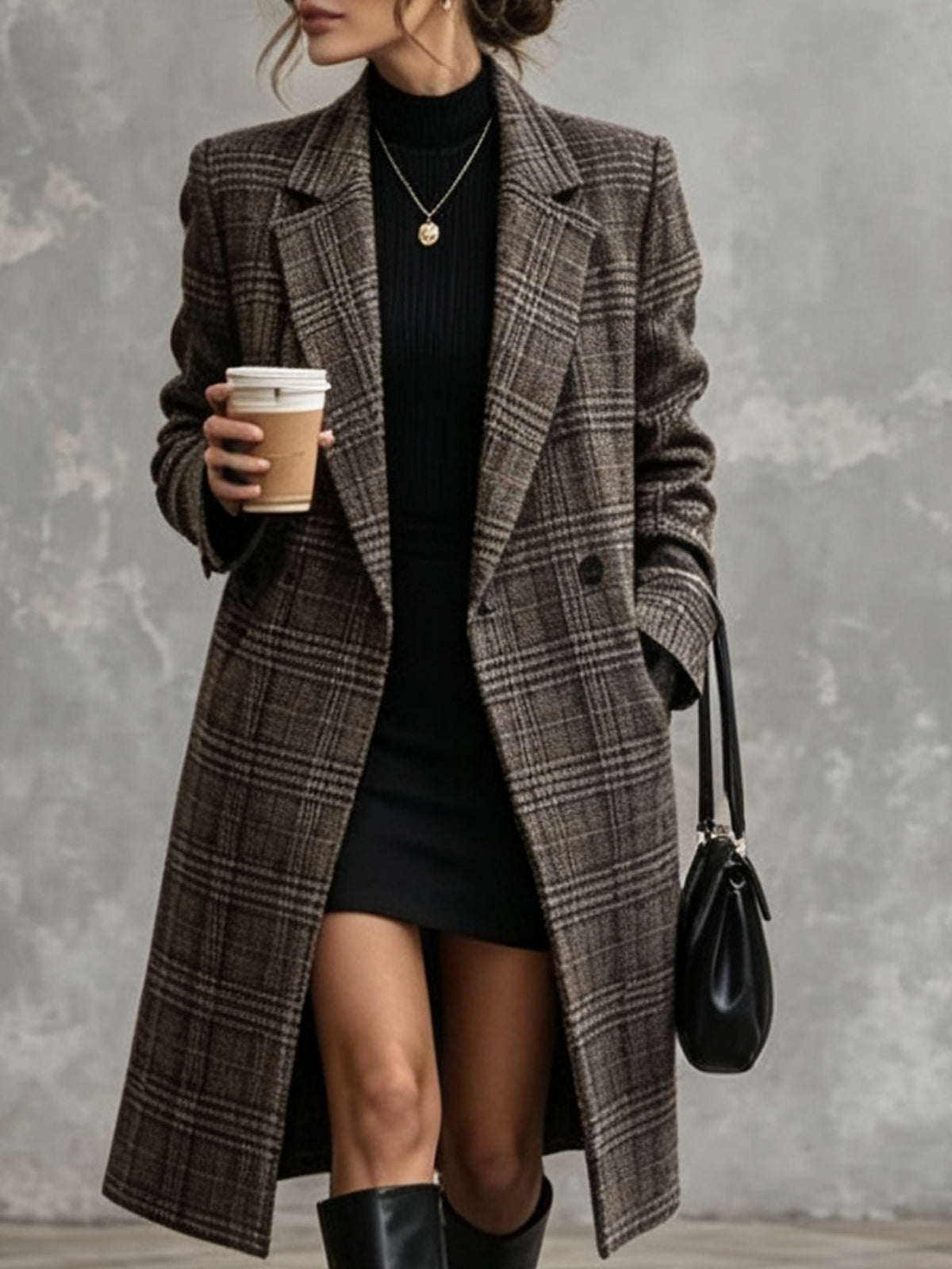Women's vintage brown plaid wool-blend coat