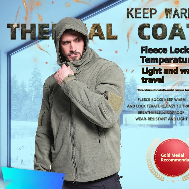 Men's outdoor contrast-color hooded insulated fleece jacket in black, khaki, army green and gray – photo 1 of 6