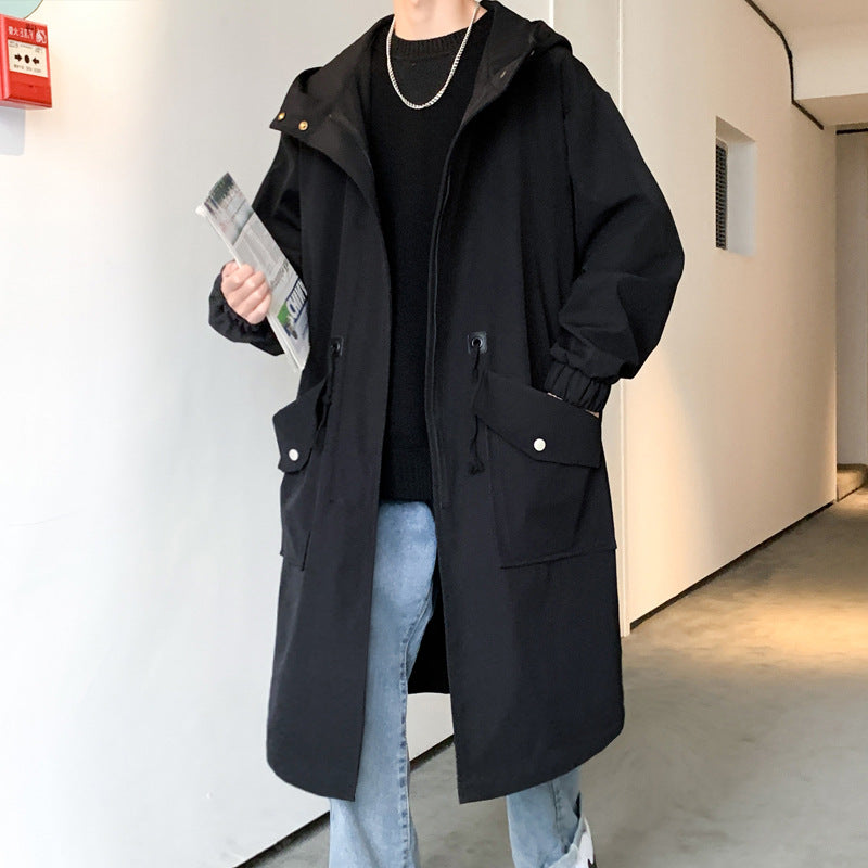 Black long hooded coat with drawstring, front zipper, and snap flap pockets
