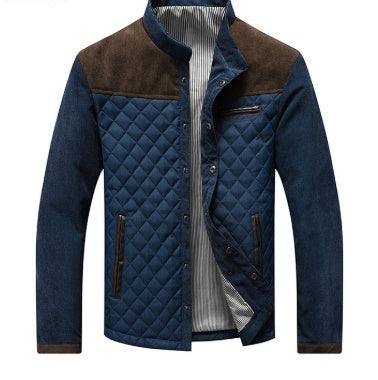 Men's quilted jacket front, dark blue with brown collar and stand collar, chest pocket