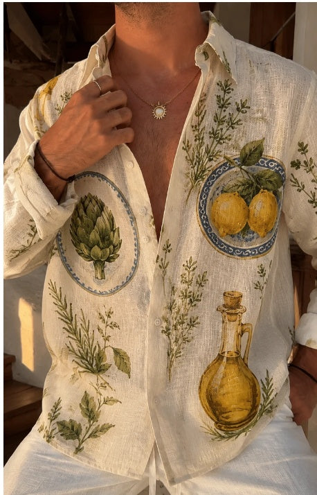 White oversized button-up shirt with artichoke and lemon botanical print, long sleeves