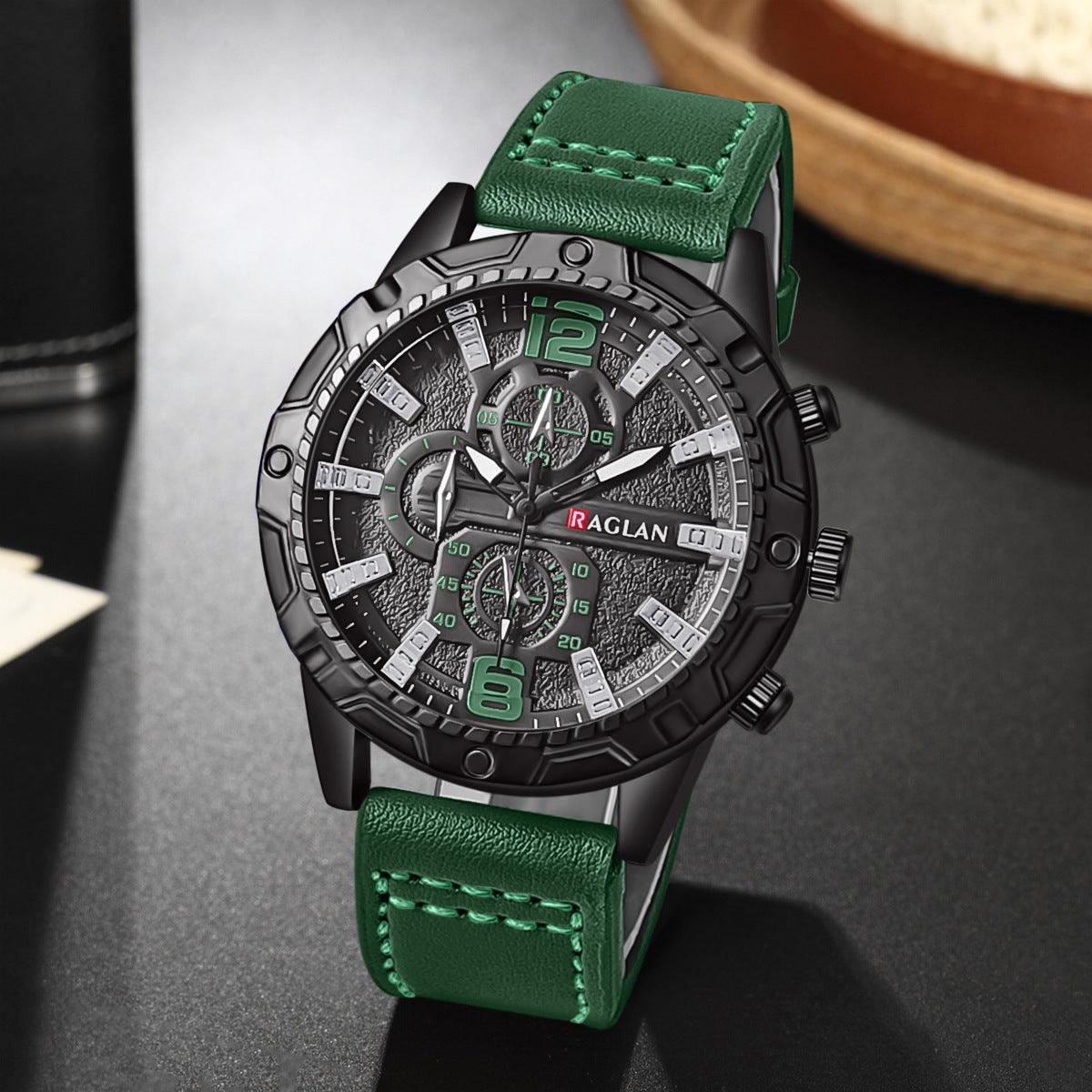Men's quartz wristwatch, black dial and case with green leather strap