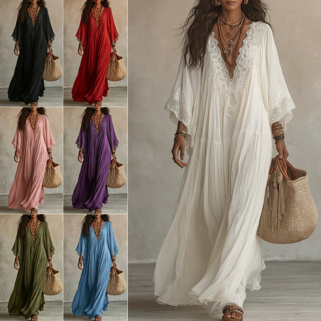 Women's long-sleeve lace-trim V-neck maxi dress – product image 1