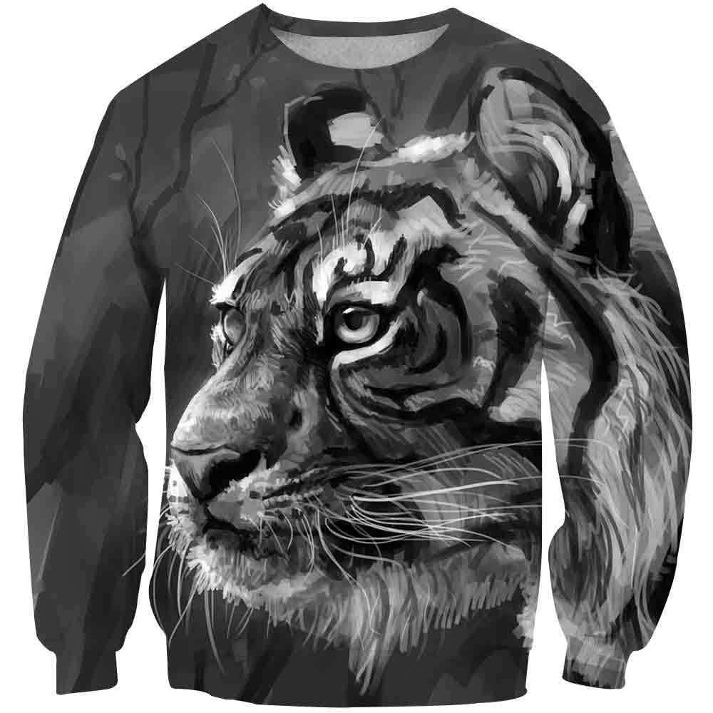 Unisex sports sweatshirt in dark gray with grayscale tiger face graphic, long sleeves