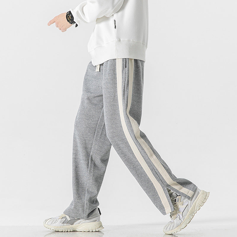Men's light gray thin striped trousers with vertical side stripe panels