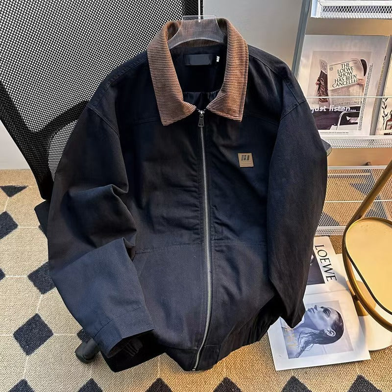 Navy casual zip jacket with brown corduroy-style collar and small chest logo patch