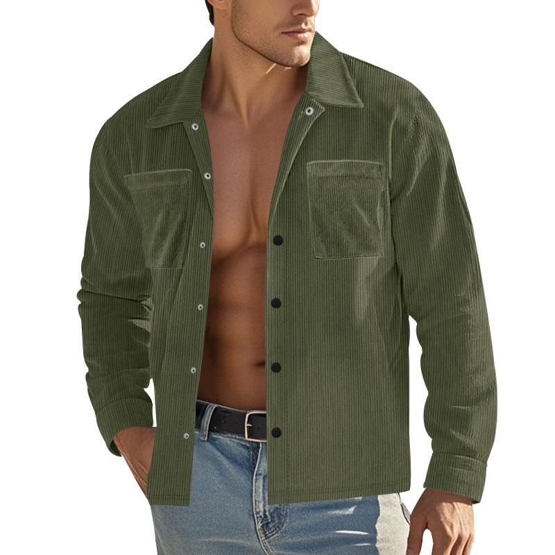 Army green heavy corduroy long-sleeve button-up shirt with point collar and chest pockets.