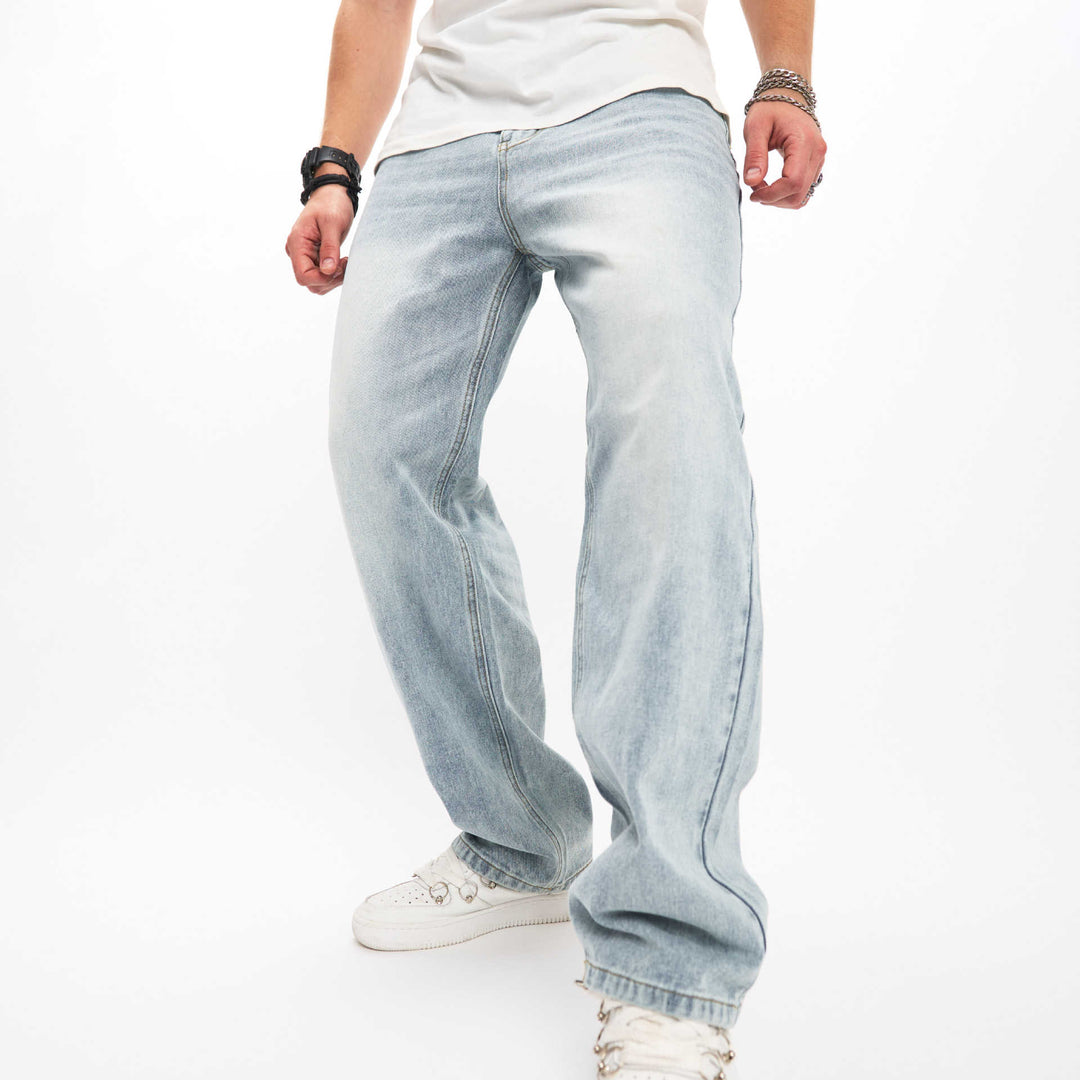 Light wash biker jeans with relaxed straight leg and cuffed hem