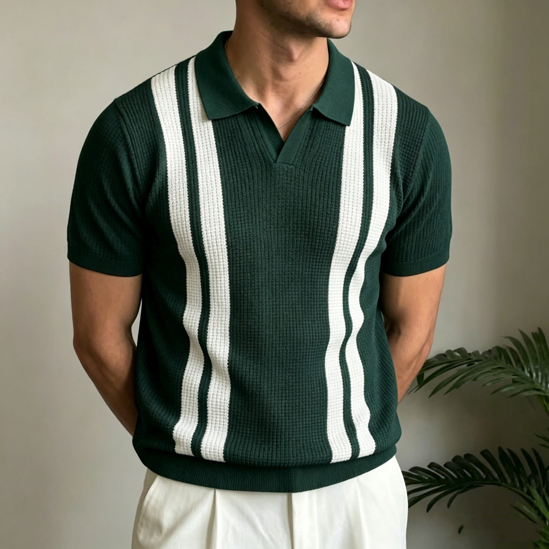 Dark green knit polo shirt with white vertical stripe panels