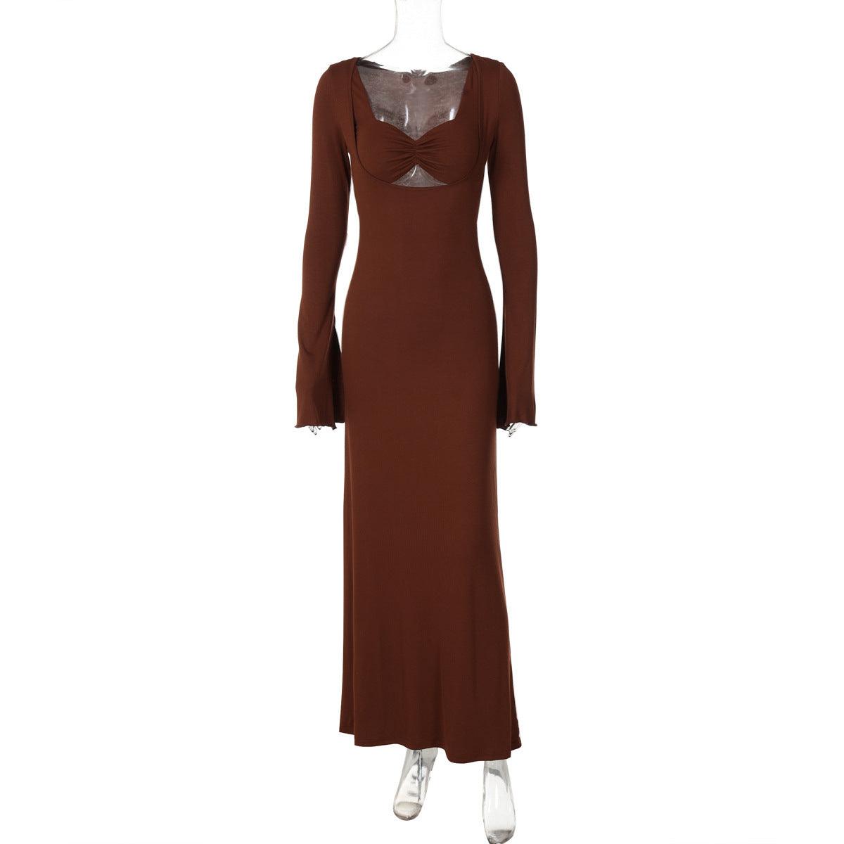 U-shaped Collar Long Sleeve Waist-tight Maxi Dress - WOMONA.COM