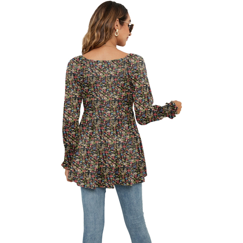 Flowers Print Casual V-Neck Blouse T-Shirts - WOMONA.COM