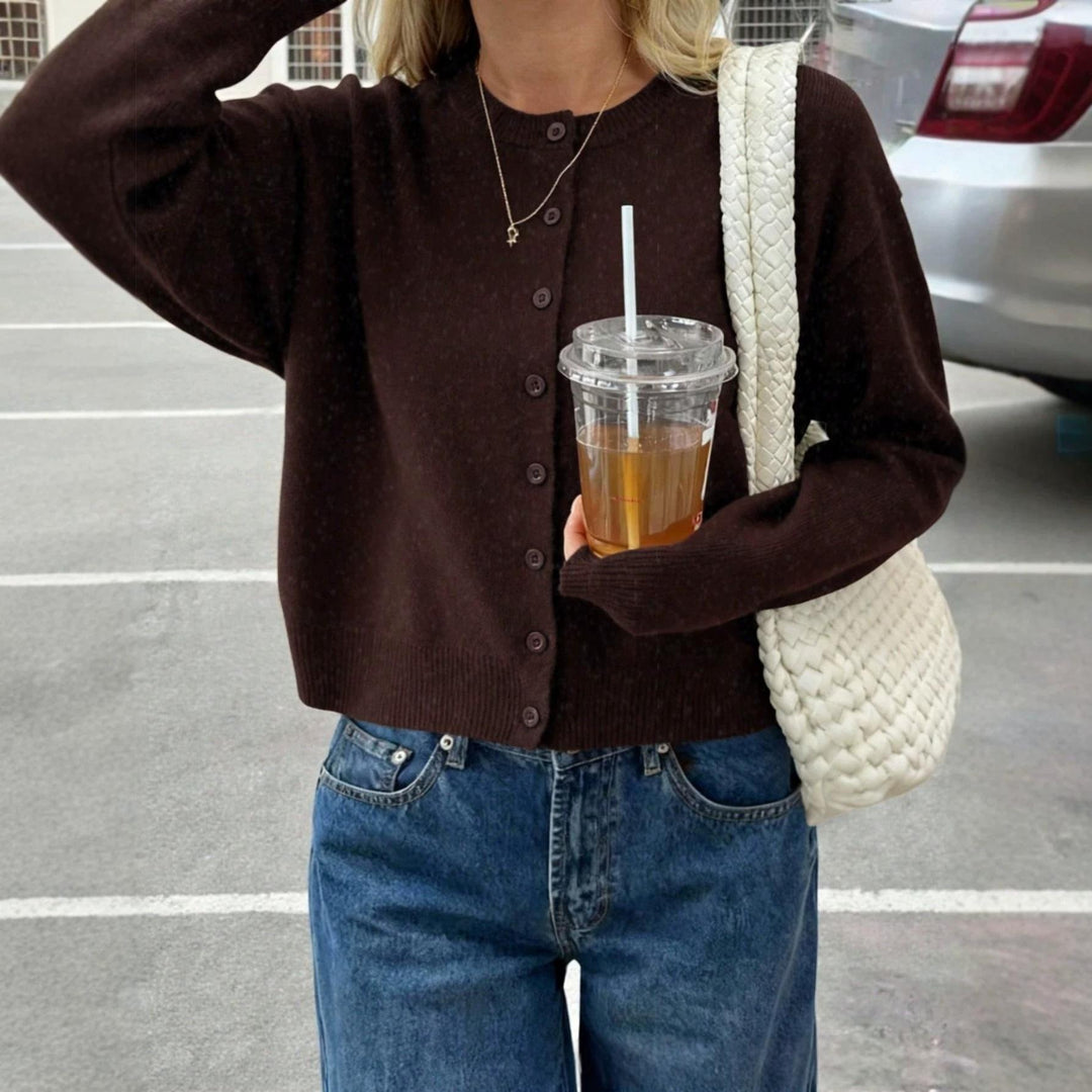 Maroon round-neck button-front cardigan sweater, long sleeves, ribbed hem and cuffs