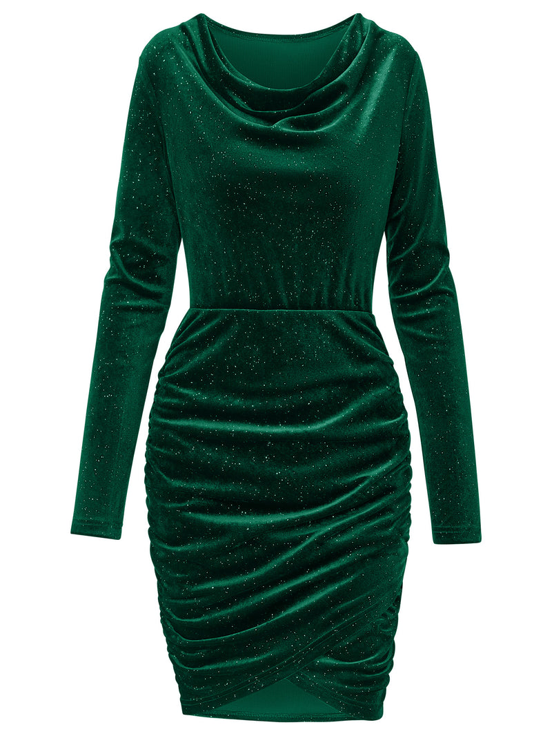 Swing Collar Long Sleeve Dusting Powder Velvet Dress - WOMONA.COM