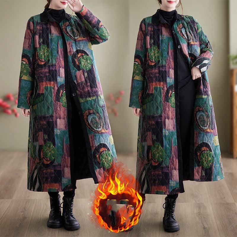 Women's loose long-sleeve coat with high black collar and multicolor ethnic patchwork print
