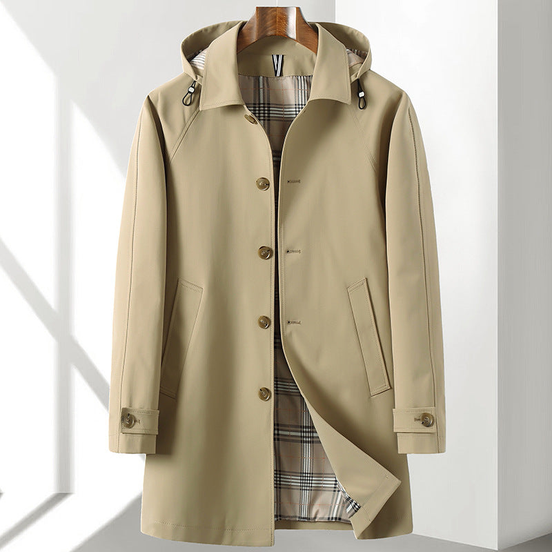 Light khaki trench coat with detachable hood, button front, flap pockets