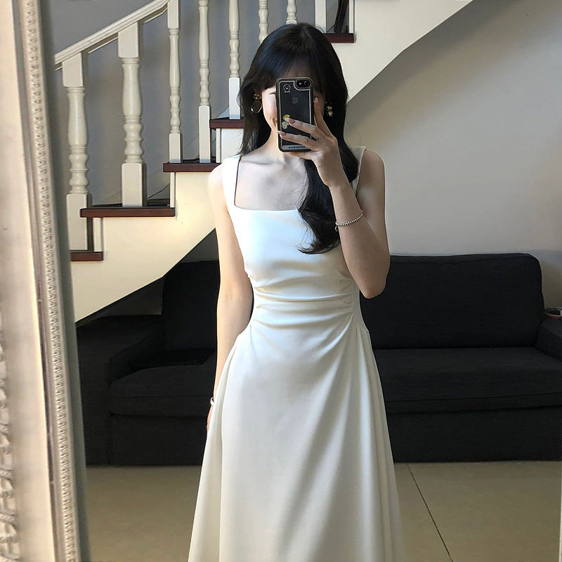 French Style Waist-controlled White Strap Dress - WOMONA.COM