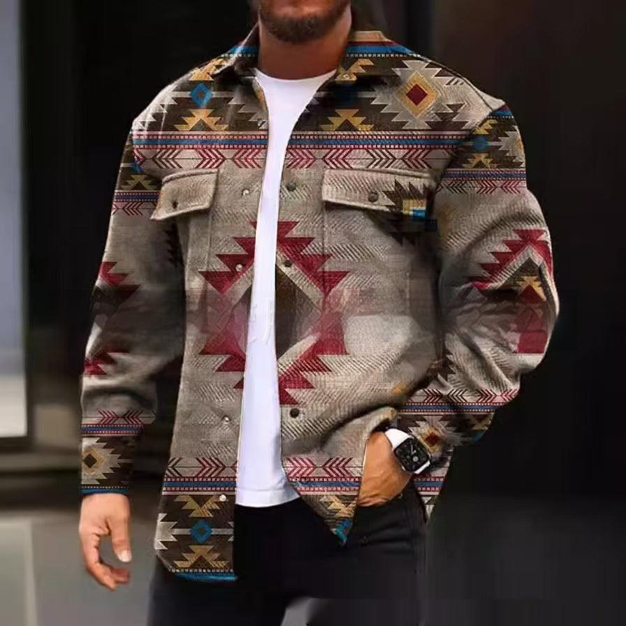 Men's casual button-up jacket with southwestern geometric print, chest flap pockets