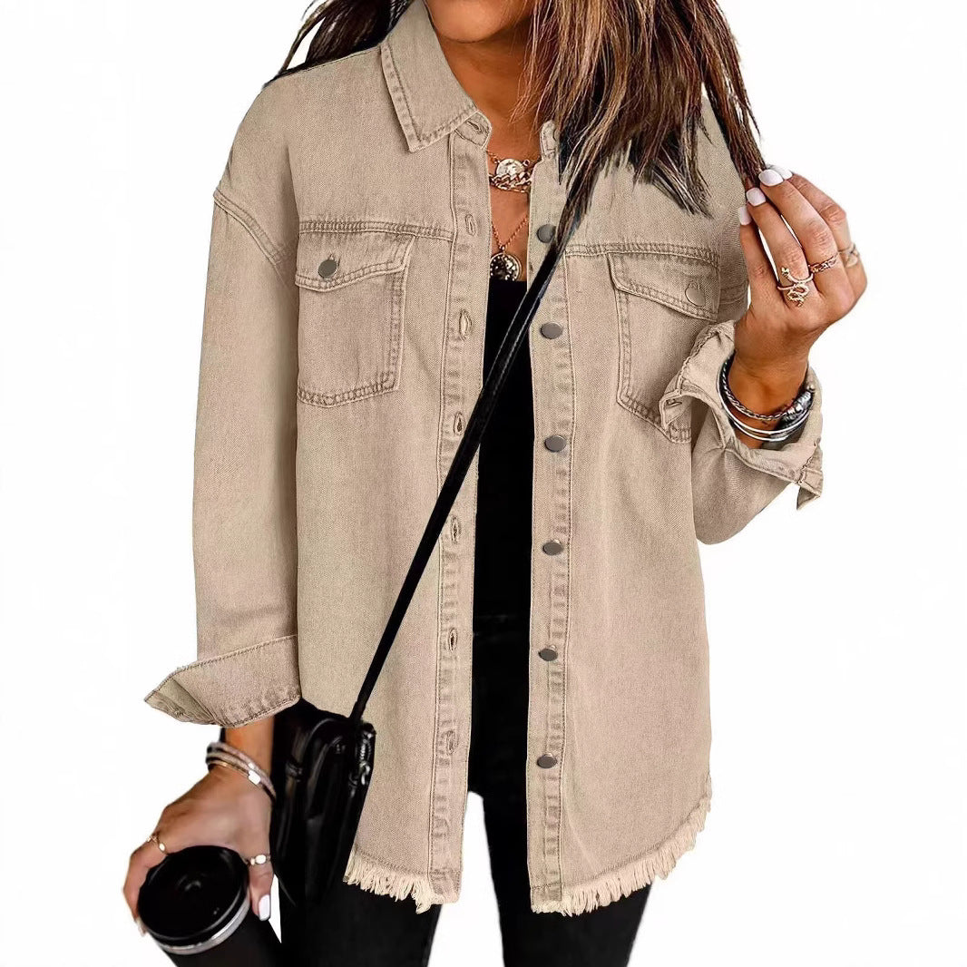 Washed denim shirt jacket in light khaki, button-front with chest flap pockets and frayed hem