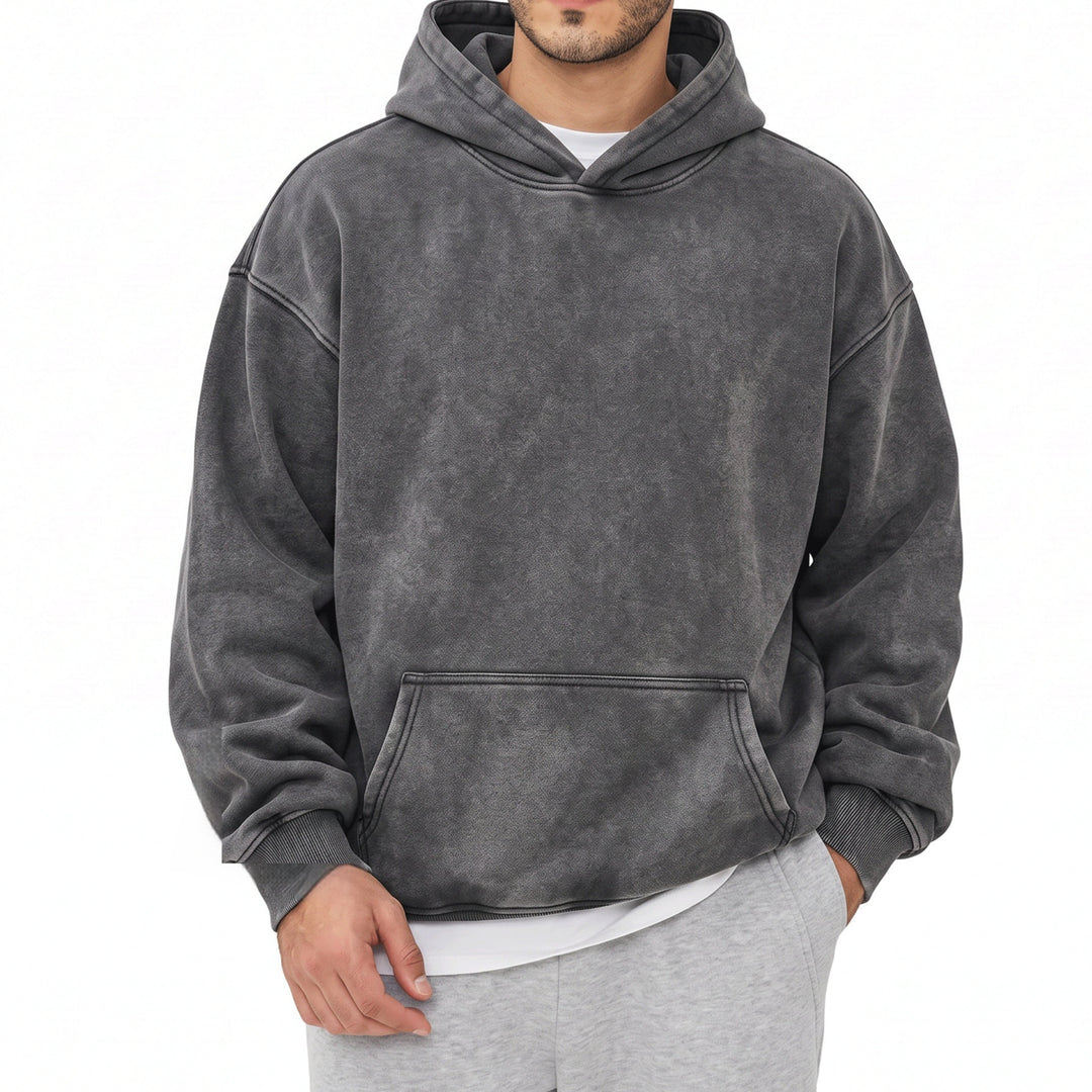 Men's loose fleece-lined pullover hoodie in light gray, army green and black – photo 1 of 4