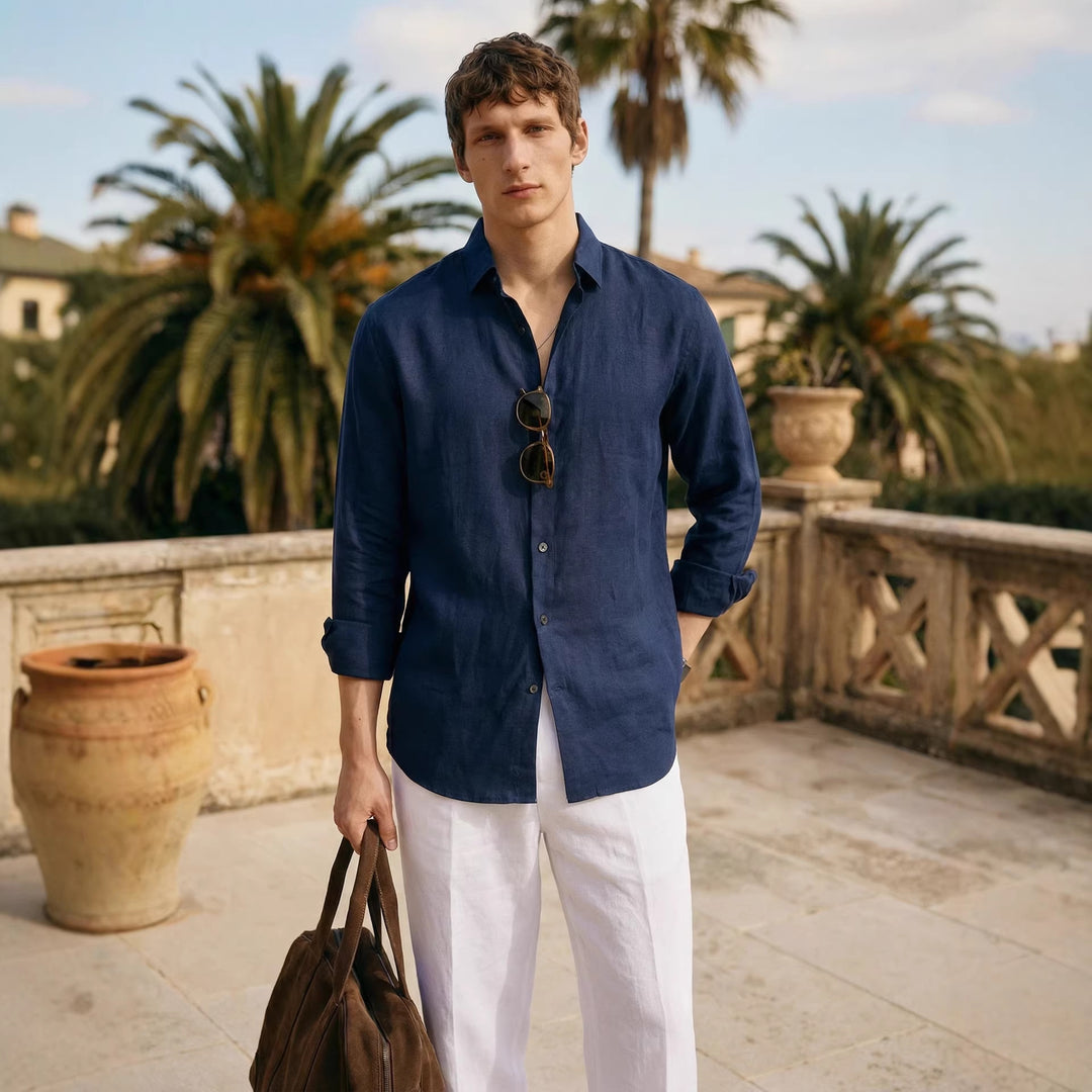 Navy linen long-sleeve button-up casual shirt with open collar and front placket.