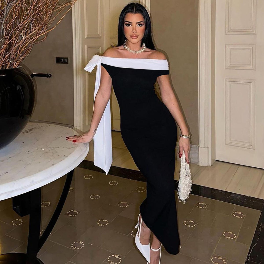 Black off-shoulder ribbon slim-fit dress with white tied shoulder detail, ankle-length