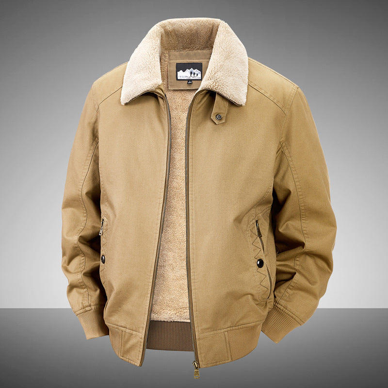 Men's slim fleece-lined lapel workwear jacket in army, black-blue, camel and khaki – photo 1 of 9