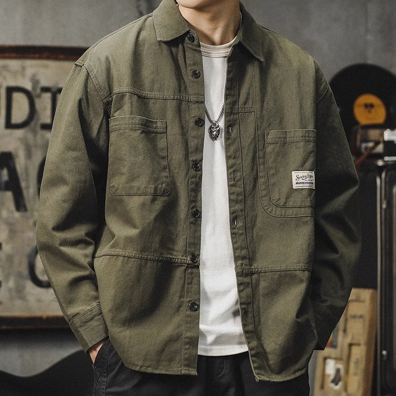 Men's long-sleeve shirt jacket in army green, button-up front with two chest pockets