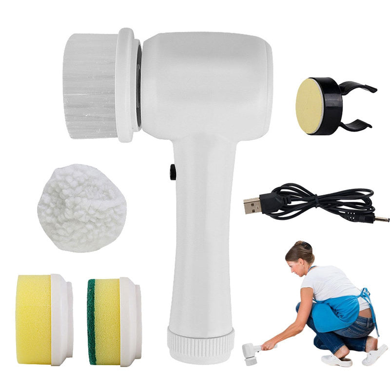 Handheld electric cleaning brush with rotating heads, white body, sponge and cloth pads
