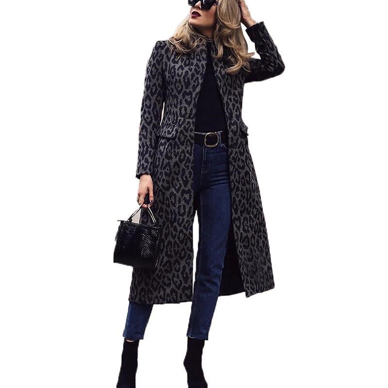 Leopard-print mid-length coat with turn-down collar and long sleeves, open front