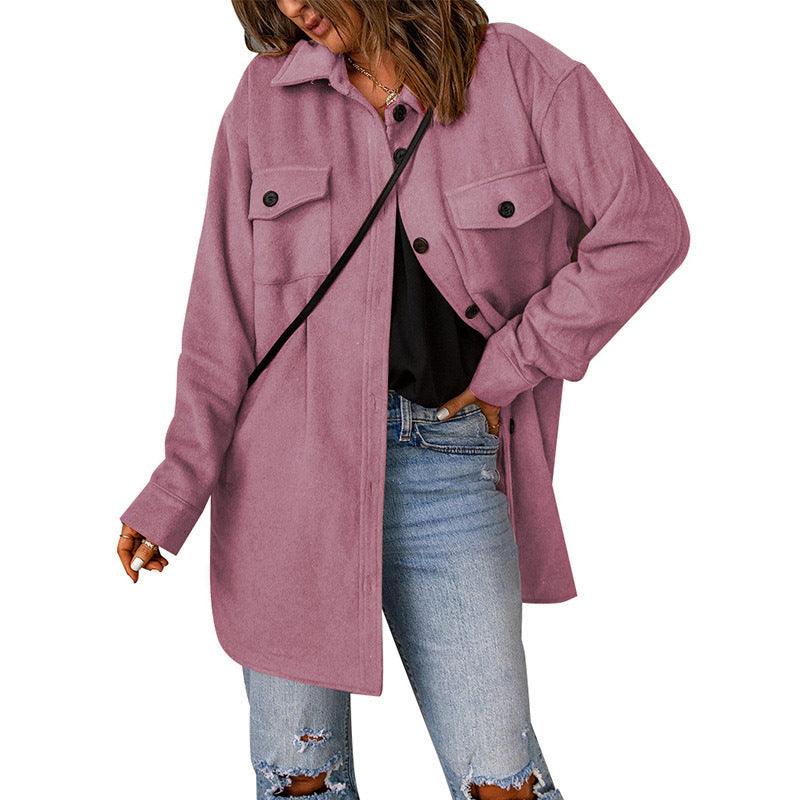 Pink woolen lapel jacket with button front, chest flap pockets, and long sleeves